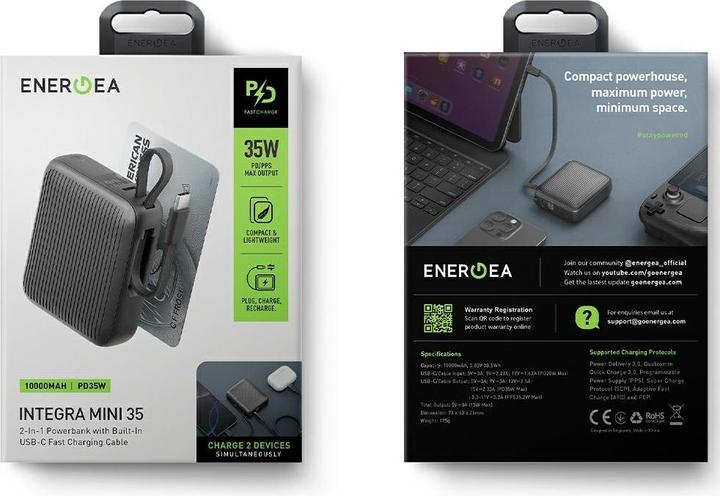 Produktbild Energea PowerBank Integra Mini 35 10000mAh cableUSB-C PD35W grey (10000 mAh, 35 W, 35 Wh)