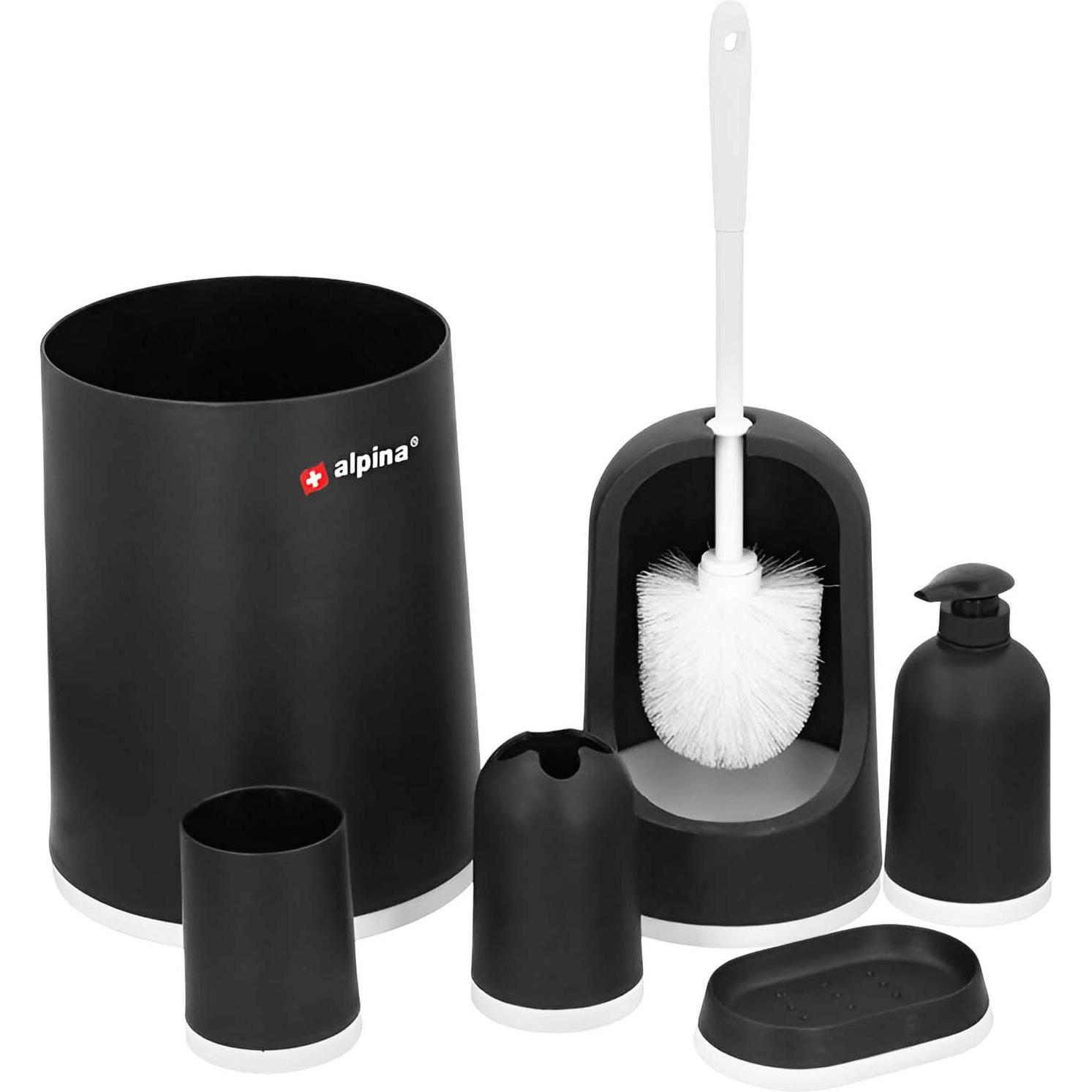 Alpina Garden Set da bagno da 6 pezzi (bianco e nero), Utensili pulizia, Bianco, Nero