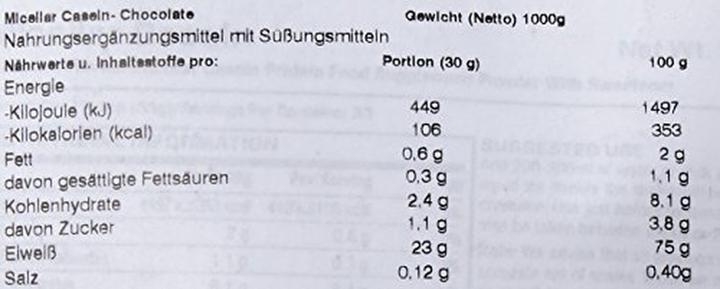 Nährwerte und Zutaten MyProtein Micellar Casein (1000 g, 1x)