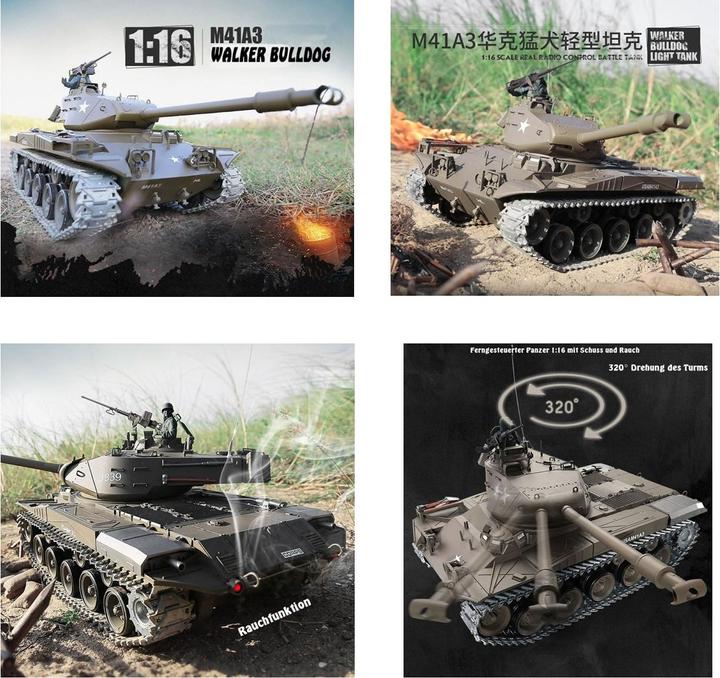Immagine prodotto Es-toys Carro armato RC M41 A3 "WALKER BULLDOG" Heng Long 1:16 con R&S, cambio in metallo e cingoli in (RTR pronto all'uso)