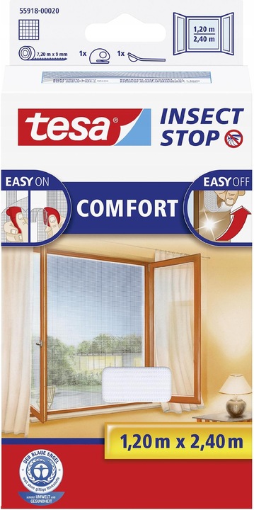 Produktbild tesa Insektenschutz COMFORT für Fenster, mit Klettband, selbstklebend, ohne Bohren (120 x 240 cm)