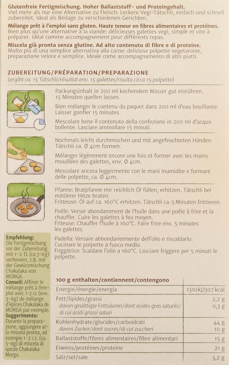 Nährwerte und Zutaten Morga Linsentätschli glutenfrei Bio (176 g)
