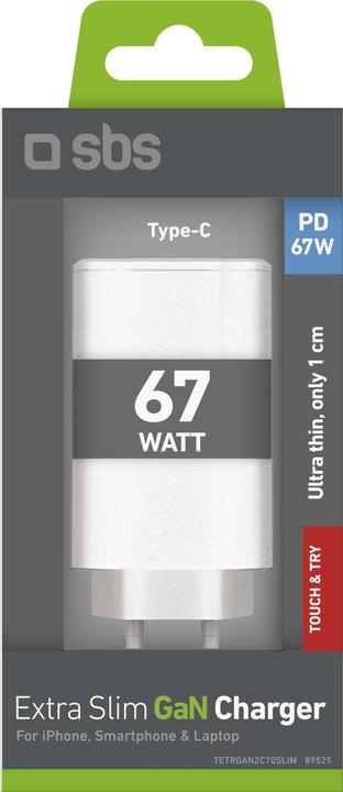 Produktbild SBS GaN ultraflaches 67-Watt-Ladegerät mit zwei USB-C Power Delivery-Anschlüssen, europäischer Stecker (67 W)