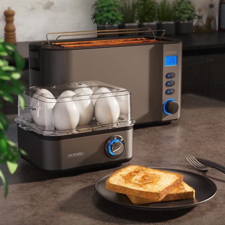 Produktbild Arendo Frühstücks Set, 4-Scheiben Langschlitz Toaster mit Brötchenaufsatz & Eierkocher für 8 Eier, Grau