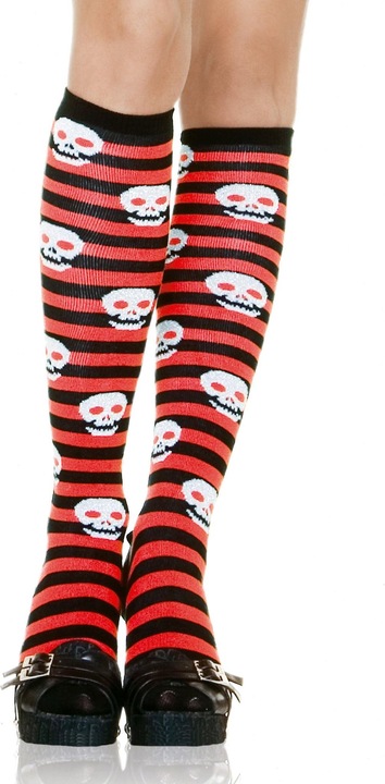 Produktbild Leg Avenue Kniestrümpfe schwarz-rot geringelt mit Totenköpfen