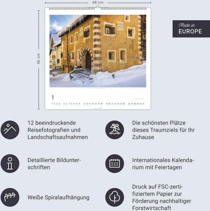 Produktbild Schweiz Kalender 2026 - Schönste Landschaften und Ansichten (48 x 46 cm, Harter Einband, Deutsch)