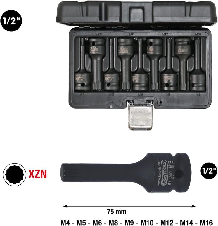 Actual product image KS Tools 1/2" power bit socket set, multi-tooth (XZN®), 9 parts