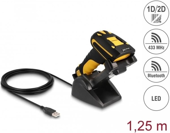 Produktbild Delock Industrie Barcode Scanner 1D und 2D für 433 MHz oder Bluetooth mit induktiver Ladestation (1D-Barcodes, 2D-Barcodes)