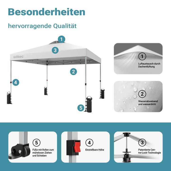 Produktbild Wiltec Pop up Pavillon 3x3m weiss Räder Gartenpavillon Faltpavillon Camping Party (300 cm, 300 cm)