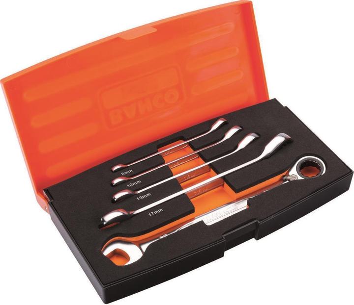 Produktbild Bahco Satz metrische Knarren-Ring-Maulschlüssel - 5-teilig/Kunststoffbox (10 mm, 13 mm, 17 mm, 19 mm, 8 mm)