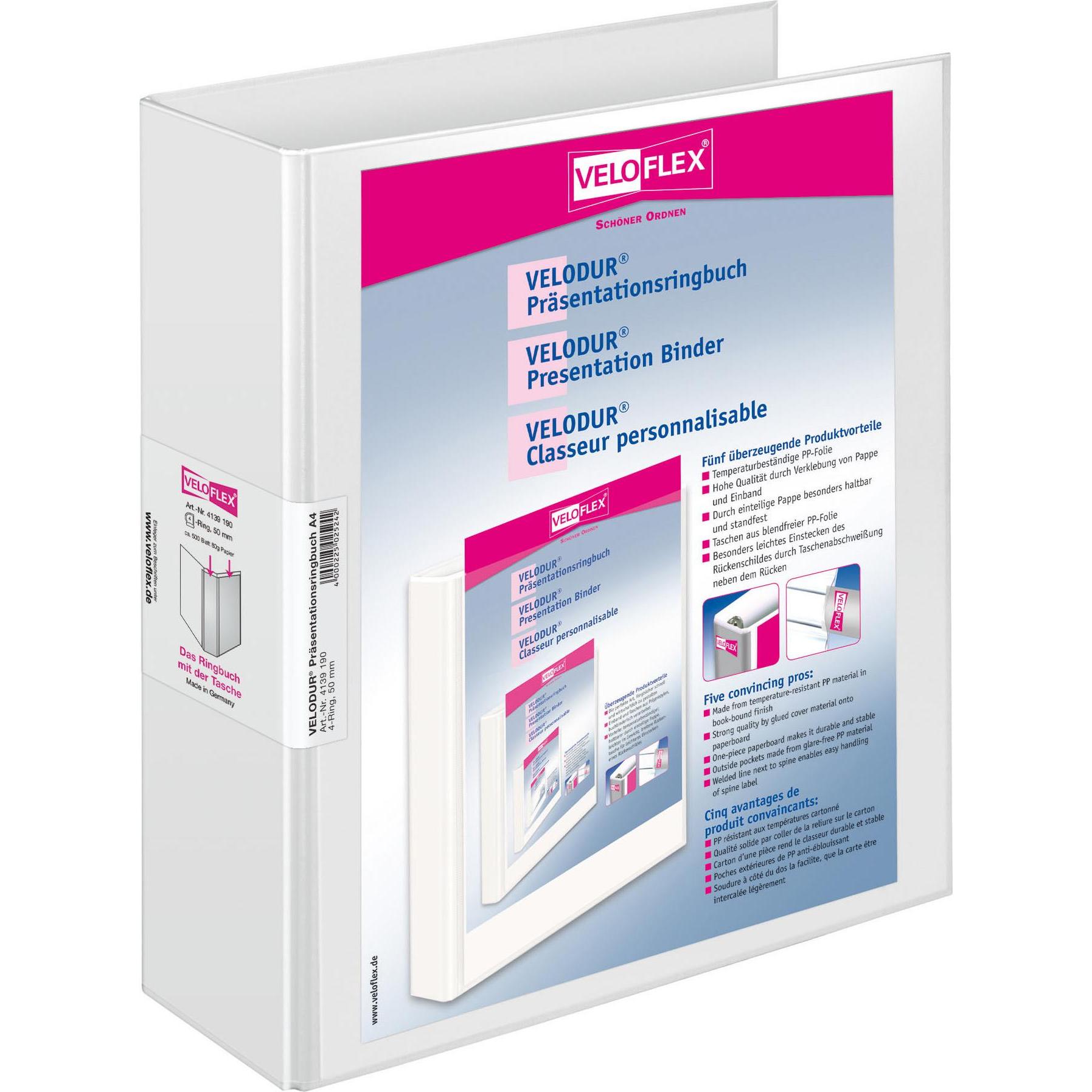 10x Veloflex, Ordner, Präsentationsringbuch 4D-Mechanik VELODUR, A4, Karton PP (A4, 70 mm, 1 x)