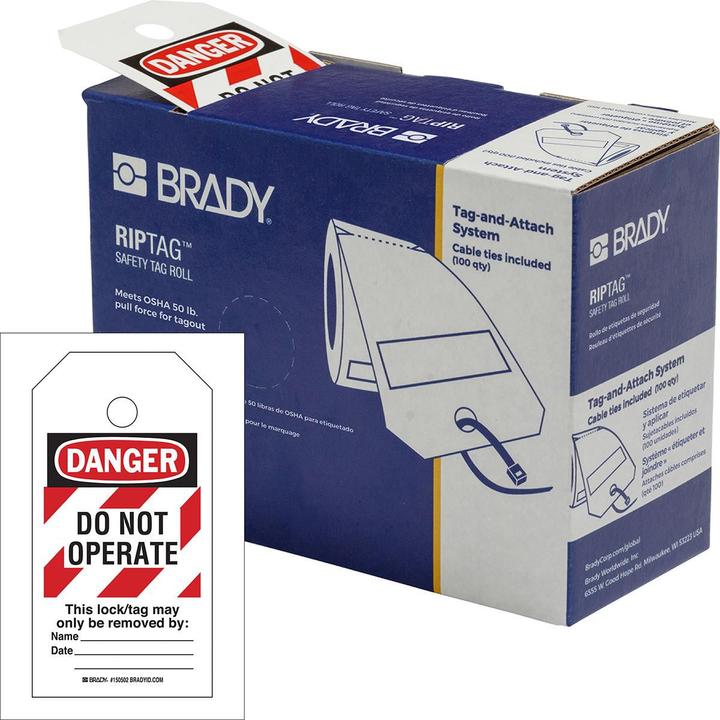 Produktbild Brady B-851, RipTag Sicherheitsanhänger auf Rolle mit roten Streifen, 146.05 x 76.2 mm, Schwarz/Ro (7.62 cm)