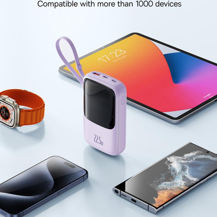 Actual product image Baseus Qpow Pro+ 10000mAh 22.5W powerbank with integrated USB-C cable and display - Purple (10000 mAh, 22.50 W)