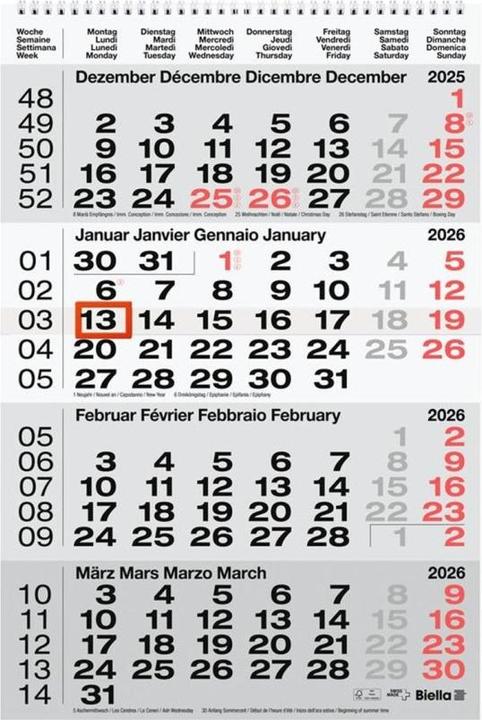 Biella Calendrier sur 4 mois (31 x 47 cm, Non contraignant)