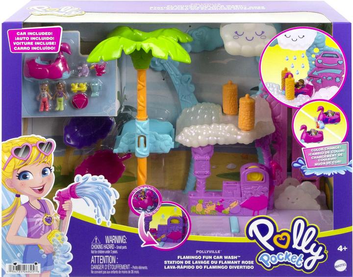 Polly Pocket Pollyville flamingo fun car wash, 2 small dolls, for children 4 years and older