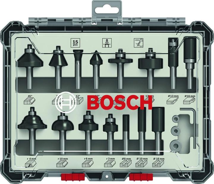 Bosch Professional Zubehör 15-teiliges Fräser-Set, 8-mm-Schaft für Handfräsen