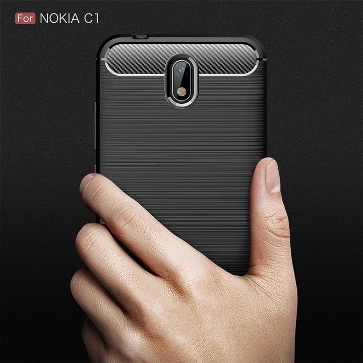 Produktbild König Design Hülle Handy Schutz für Nokia C1 Case Cover Bumper Carbon Optik Etui TPU Schwarz (Nokia 1)