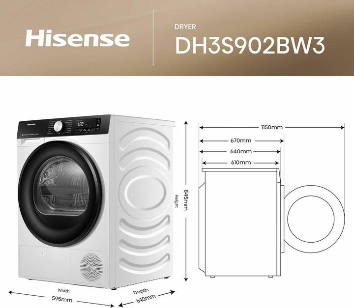 Image du produit Hisense DH3S902BW3 Sèche-linge 9Kg Classe A (9 kg, Droite)