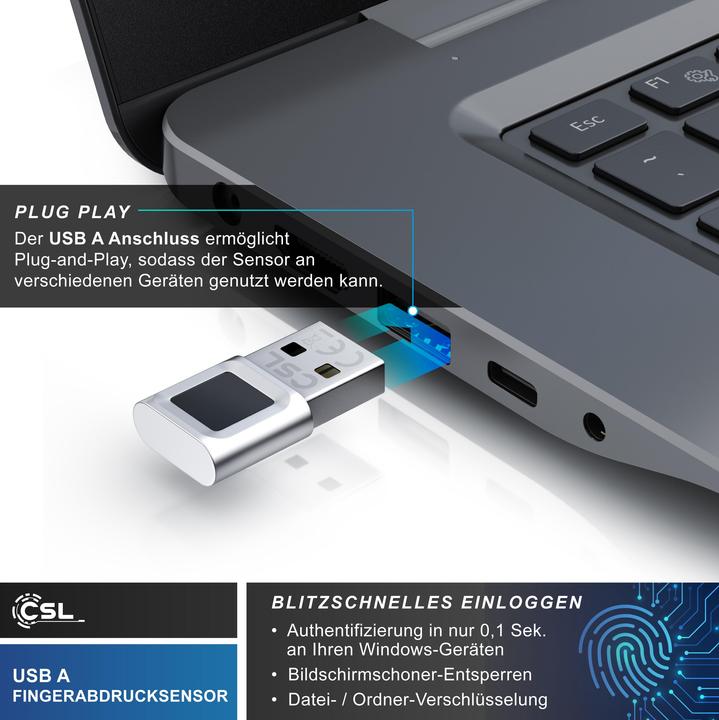 Actual product image CSL Fingerabdrucksensor, Windows 11, bis zu 10 IDs, biometrische Authentifizierung, Plug & Play, USB-A