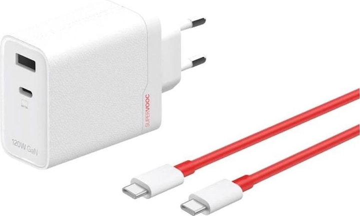 Immagine prodotto OnePlus Adattatore SuperVooc a due porte da 120W + cavo (Tipo-C + Tipo-A) - Bianco (120 W)