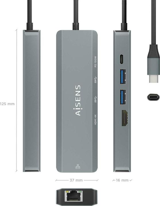 Produktbild Aisens USB-C DOCK 5 EN 1 USB-C A 1XHDMI 1XRJ45 2XUSB 1XPD 15CM (USB-C, 3 Ports)