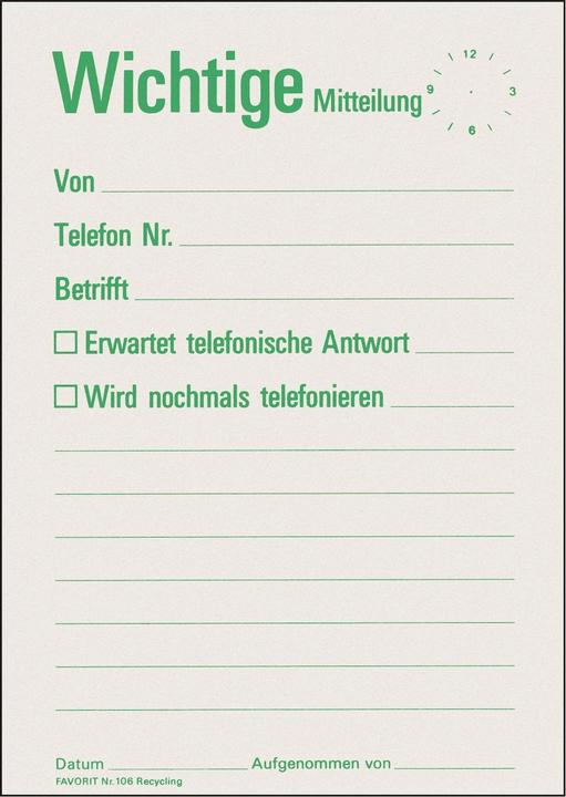 Produktbild Favorit Mitteilungsblock "Wichtige Mitteilung" Recycling weiss (60x)
