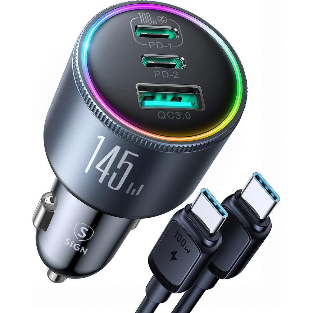 SIGN Car charger 145W with 2x USB-C & 1x USB-A – PD & QC3.0, Adattatore per auto