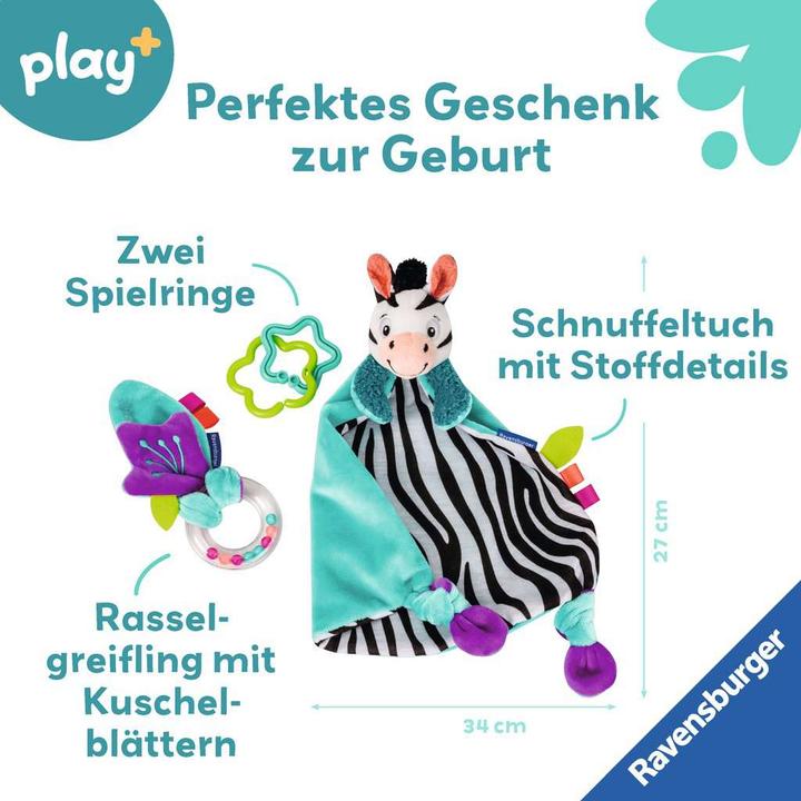 Produktbild Ravensburger 4858 play+ Fühlen, rasseln, spielen (Geschenk-Set: Zebra), Schmusetuch, Geschenk zur
