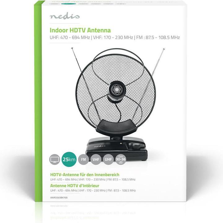 Actual product image Nedis ANIR2503BK700 - Pokojová HDTV Anténa | 0-25 km | Zesílení 30-36 dB | FM/VHF/UHF | Černá (Indoor antenna, 36 dB, LTE, DVB-T / -T2)