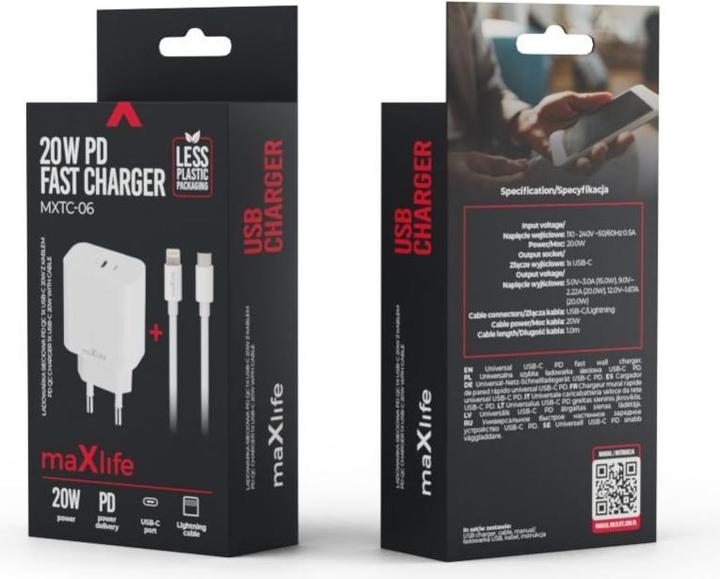 Actual product image Maxlife MXTC-06 PD QC charger 1x USB-C 20W white + USB-C - Lightning cable 20W (20 W, 1 portion)