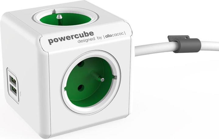Produktbild Allocacoc PowerCube Extended, power distribution unit with USB ports, 3 sockets type E, 1.5m, white/green (3 x, CEE 7/5, 1.50 m)