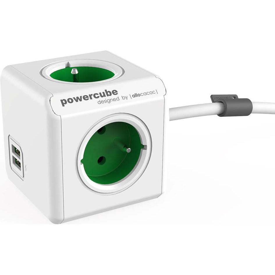 Allocacoc, Steckdosenleiste, PowerCube Extended, power distribution unit with USB ports, 3 sockets type E, 1.5m, white/g...