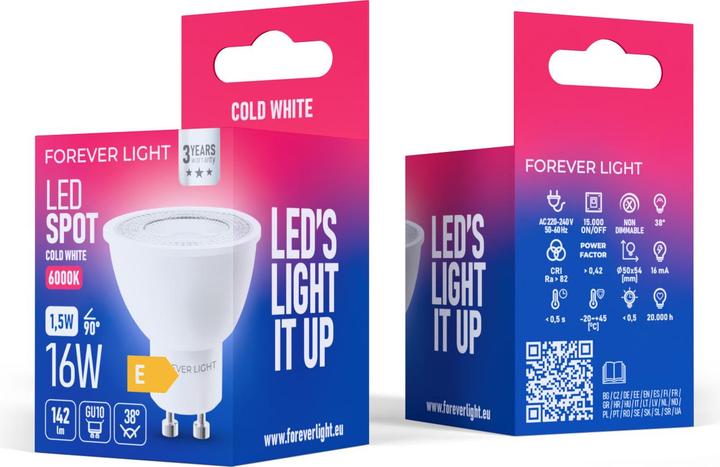 Actual product image Forever Light LED Bulb GU10 38° 1.5W 142lm 6000K class E (GU10, 142 lm)