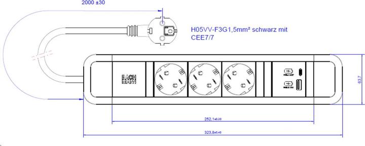 Actual product image Bachmann PRIMO 2 socket strip (3x, CEE 7/3, 2 m)