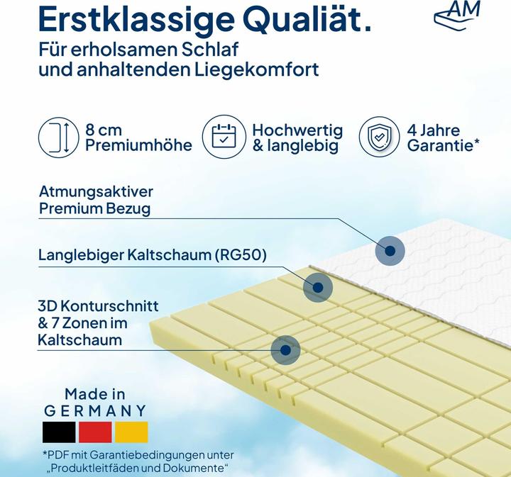 Produktbild AM Qualitätsmatratzen 3D Deluxe 7-Zonen Kaltschaum Topper, Lyocell Bezug (80 x 200 cm)