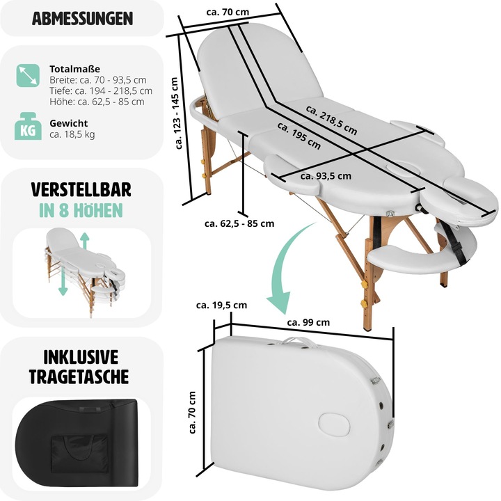 Immagine prodotto tectake Lettino da massaggio Sawsan a 3 zone, con 5 cm di imbottitura, rulli e supporto in legno