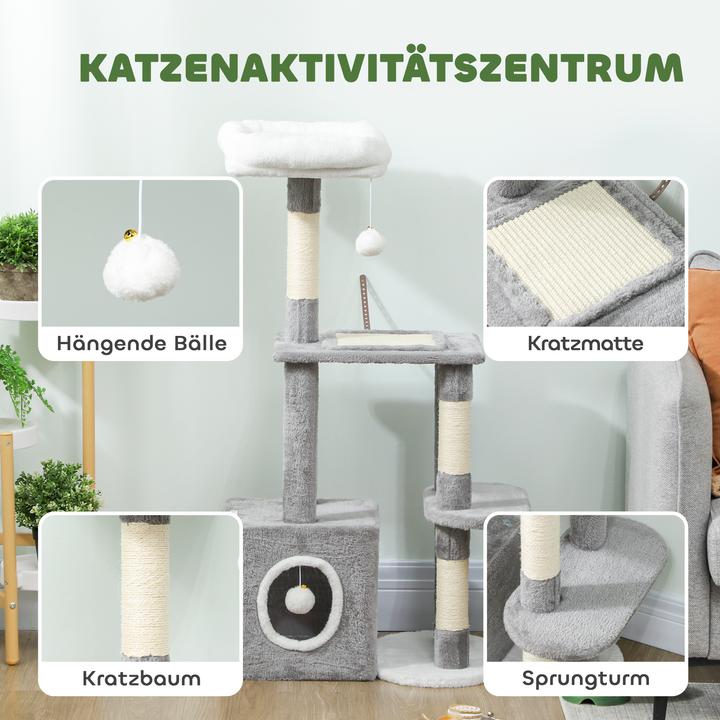 Produktbild PawHut Kratzbaum Spanplatte, Polyester Grau (107 cm, Grau, Weiss)