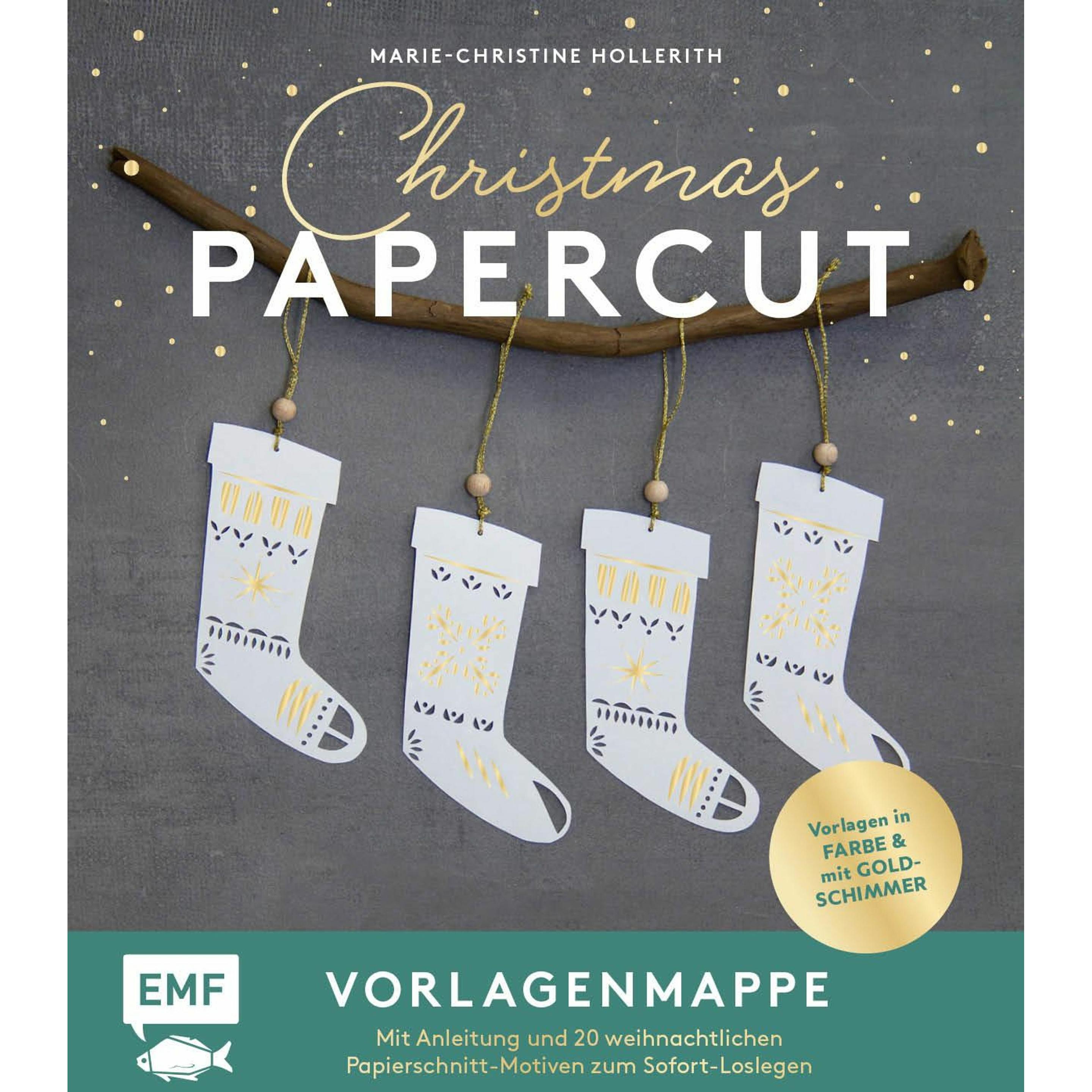 Edition Fischer, Christbaumschmuck, Set: Christmas Papercut – Die Vorlagenmappe mit Anleitung und 20 weihnachtlichen (20...