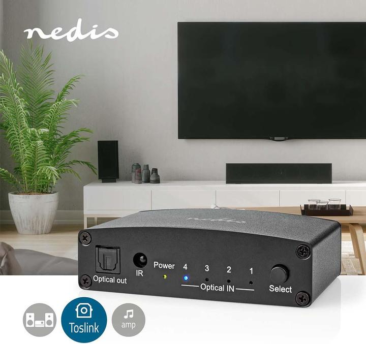 Produktbild Nedis Digital-Audio-Switch | 4-Wege | Anschlüsse – Eingang: DC Power / 4x TosLink | Anschlüsse – Aus