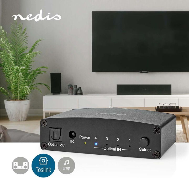 Immagine prodotto Nedis Commutatore audio digitale | 4 vie | Connettori - Ingresso: Alimentazione DC / 4x TosLink | (0.05 m)