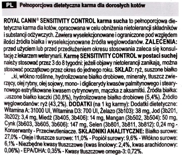 Valori nutrizionali e ingredienti Royal Canin Controllo della sensibilità del veterinario (Adulto, 1 pz., 1500 g)