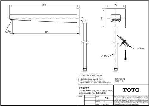 Produktbild TOTO Automatikarmaturenauslauf, Unterputz, eckig, Ausladung 225mm, Kaltwasser, 2 l/min.