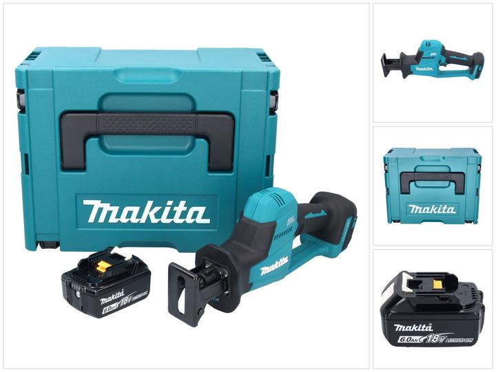 1x Makita DJR 189 cordless Recipro saw, 1x Recipro blade BIM 152, 6-11T, 1x Recipro blade HCS 203, 7-18Z, 1x Recipro blade BIM 152, 6-10Z, 1x Makita BL 1860 B 18 V 6.0 Ah battery ( 197422-4 ), 1x Makita MAKPAC plastic case, 1x universal insert, without charger