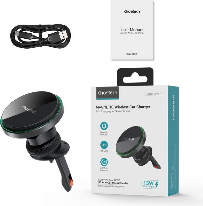 Actual product image Choetech T204-F magnetic car holder with 15W wireless charging - black