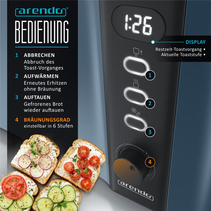 Actual product image Arendo Toaster Edelstahl Langschlitz 2 Scheiben, Doppelwand, Display mit Restzeitanzeige, Brötchenaufsatz