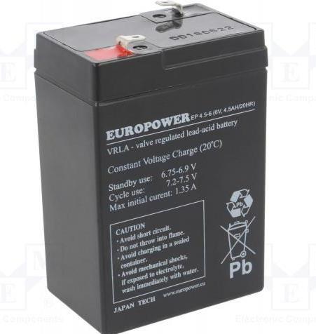Immagine prodotto Europower BATTERY 6V 4.5AH VRLA/EP4.5-6 EMU (6 V, 4.50 Ah)
