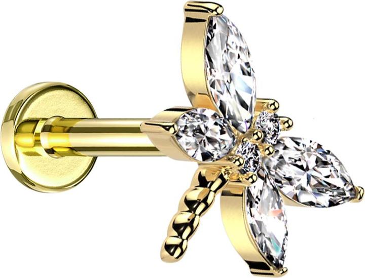 Actual product image Star Piercing Micro Threadless Labret vergoldet Libelle vergoldet Flügel Kristalle silber (Brass, Surgical steel 316L)