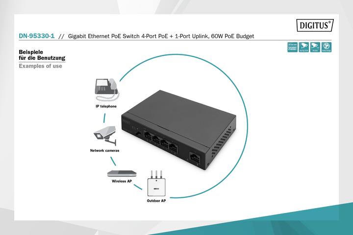 Image du produit Digitus Commutateur Gigabit Ethernet PoE, 4 ports PoE + 1 port uplink, Budget PoE de 60 W (4 Ports)