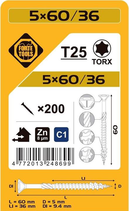 Forte tools CHIPBOARD SCR T25 5.0X60/36 WHITE ZN(200 (200 Screws per piece)