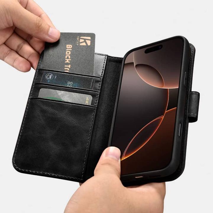 Actual product image iCarer iPhone 16 Pro Max - Oil Wax Premium Genuine Leather Detachable 2 in 1 Wallet Flip Case with (Apple iPhone 16 Pro Max)